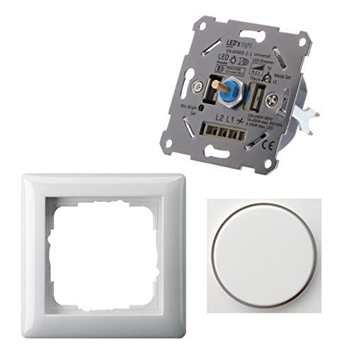 Regulador universal para lámparas regulables como set completo con Gira S.55 blanco brillante. 3-150 W LED/10-400 W Hal./incand. Regulación corte de fase inicial y final. Garras de fijación