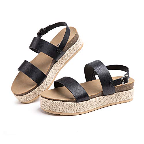 Sandalias Mujer Plataforma Alpargatas Cuña Verano Zapatos de Tacón Punta Abierta Comodas Vestir Correa Tobillo Hebilla Negro-2 40 EU