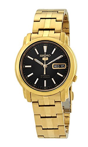 Seiko #SNKL88 - Reloj automático para hombre, esfera negra de acero inoxidable, tono dorado