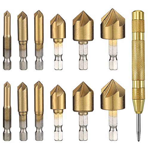 Set de 12 Brocas Avellanadas Brocas de Vástago Hexagonal de 1/4 Pulgadas Avellanador de 5 Flautas de HSS Herramienta Perforación Central de 90 Grados y Set de Punzones Centrales Automáticos