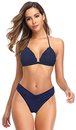 SHEKINI Mujer Bañador de Dos Piezas Elegante Halter Ajustable Pliegues Clásico Triángulo Shirring Bikini Top Traje de Baño Dos Piezas Cintura Baja Bikini Bottoms (Azul Oscuro, M)