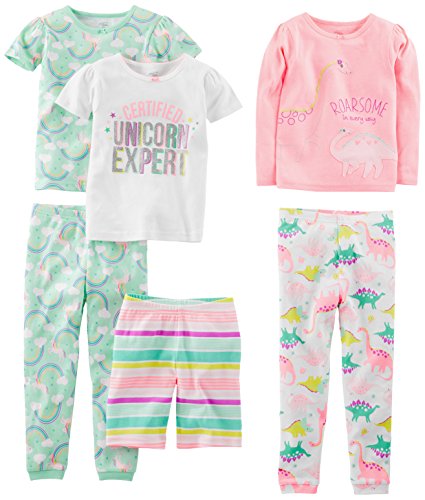 Simple Joys by Carter's - Pijamas enteros - Juego de pijama de algodón de ajuste cómodo de 6 piezas. - para bebé niña multicolor Dinosaurio, arco iris, unicornio. 5 Years