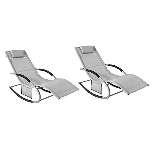 SoBuy OGS28-HGx2 Set de 2 Tumbonas, Mecedora con Almohada y Bolsillo Lateral, Estructura de Hierro, Malla Transpirable Teslin, cómodo, soporta hasta 150 kg, Color Gris ES