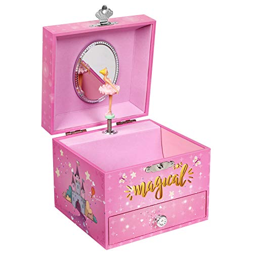 SONGMICS Joyero Musical pequeño, Caja de Joyas, Tema de Unicornio, con Bailarina, Cajón, Espejo, Caja de música para niñas, Rosa, JMC008PK