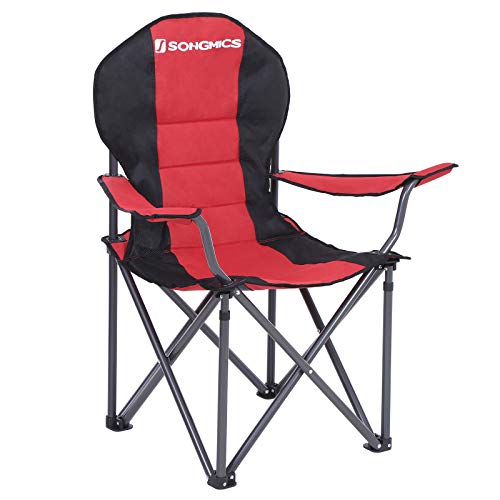 SONGMICS Silla de Camping Plegable, con Cómodo Asiento de Esponja, Portavasos, Estructura de Alta Resistencia, Capacidad de Carga Máxima 250 kg, Silla para Exterior, Negro GCB06BK