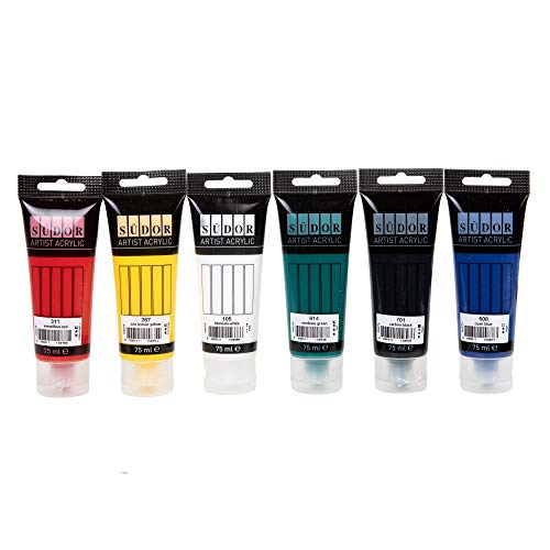 Sudor Pintura Acrílica, Juego de 6 Colores x 75 ml., Resistente al Agua, para Niños, Adultos, Pintores Aficionados y Estudiantes