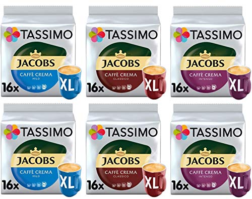 Tassimo Café Jacobs café crema XL Selección - Jacobs Caffé Crema Mild XL/Classico XL/Intenso XL Cápsulas de Café - 6 Paquetes (96 Porciones)