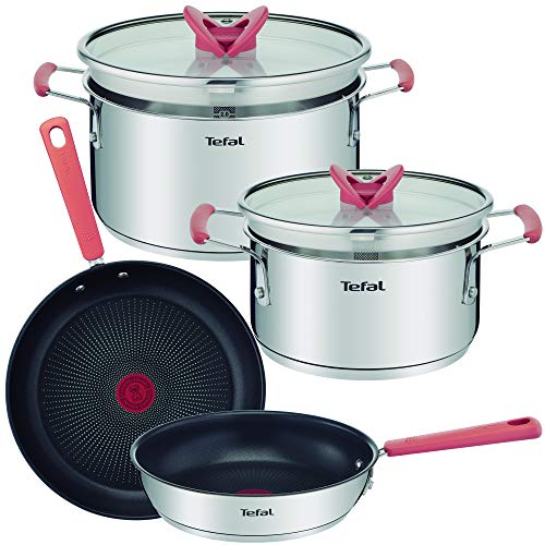 Tefal G720S604 Set 6p Optispace Sartén 24cm y 28cm, 18cm Cacerola 20 cm + Tapa, Acero Inoxidable