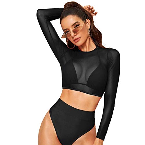 Traje de baño de Transparente, Conjunto 3 Piezas de para Mujer de Bikini Push Up Triangular Busto Ajustable，Bikini Sexy de Playa de Gasa,Negro XL