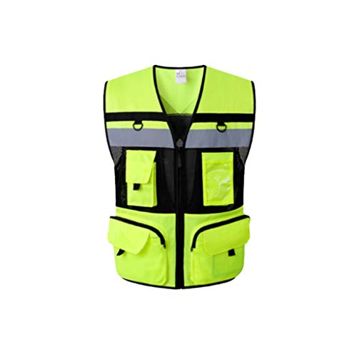 Traje transpirable reflectante, Trajes de poca elasticidad del hilado reflectante de seguridad chaleco de alta visibilidad con bolsillos y cremalleras ( Color : Fluorescent yellow , tamaño : Medium )