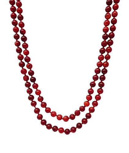 TreasureBay Hermoso collar redondo de coral rojo de 7 mm para mujer, longitud de 120 cm, presentado en una caja de regalo.