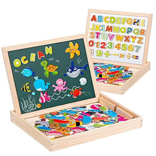 Uping Puzzle de Madera Magnético Puzzle de 90 Piezas Número de 40 Piezas y Alfabeto Tablero de Dibujo de Doble Cara Magnético Juguete Educativo para niños de 3 años+