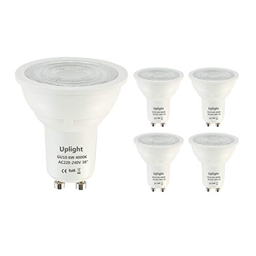 Uplight 6W Bombillas GU10 LED,Blanco Neutro 4000K,Equivalente 50W Lámpara Halógena 470Lm Ra80,38°Ángulo haz, Paquete de 5.