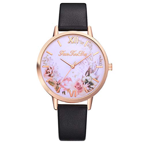 VEADK Reloj de Las señoras Relojes de Mujer Banda de Cuero   Marca Times Watch Reloj de Mujer para Mujer Creative Flower, Negro