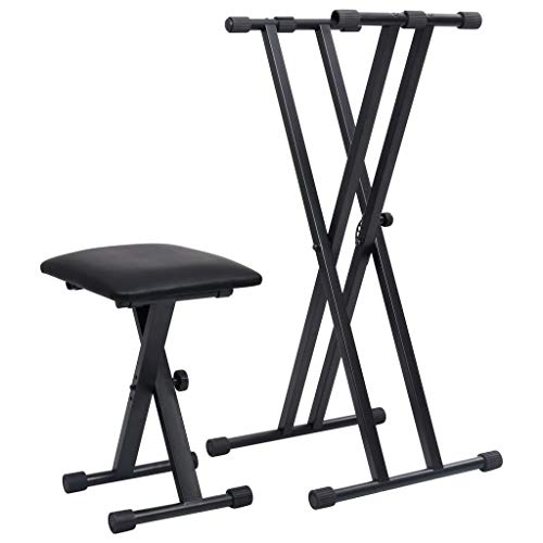 vidaXL Set de Soporte para Teclado con Doble Refuerzo y Taburete Ajustable Plegable Músico Electronico Piano Banda Equipos de Actuación Práctica Negro