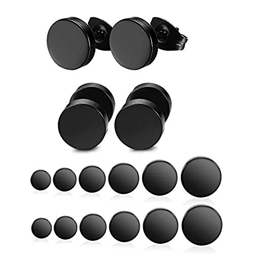 Yadoca 12 Pares Acero Inoxidable Pendientes Para hombres y Mujeres Negro Redondos 3-8mm Set Pendientes