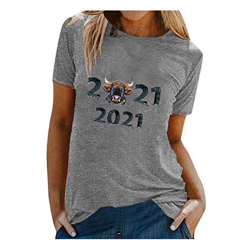 YANFANG 2021 Nueva Camiseta Holgada De Manga Corta con Estampado Moda para Mujer Cuello Redondo, AlgodóN, Parte Superior BáSica Encaje