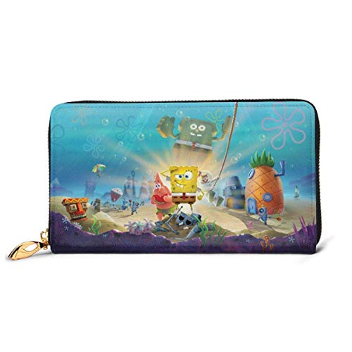 Yaxinduobao Bob Esponja Billetera Bloqueo Cartera de Cuero Genuino Cremallera Alrededor del Titular de la Tarjeta Organizador Cartera de Embrague Monedero de Gran Capacidad Bolsa de Teléfono