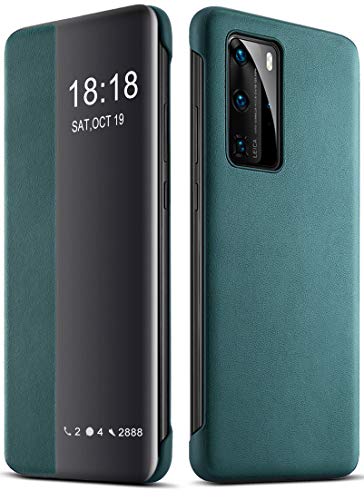 YEESOON Funda Huawei P40 Pro, Función Automática de Reposo y Activación Smart Mirror View Funda con Tapa Cuero Funda Protectora Cuerpo Completo para Huawei P40 Pro - Verde