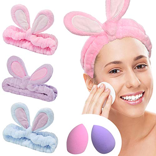 YMHPRIDE Spa Diadema - Diadema de conejo de 3 piezas para niñas, mujeres, encantadora y suave diadema elástica Carol con juego de licuadora de esponja de maquillaje(3 colores claros)