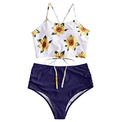 ZAFUL - Conjunto de bikini para mujer, diseño de girasoles con cordones y cruces Azul 2 M