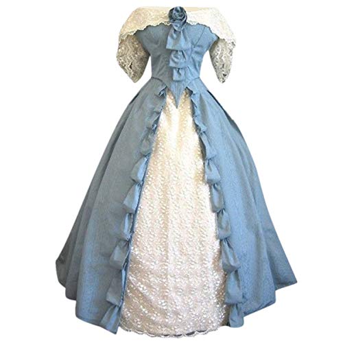 Zhansanfm - Vestido vintage medieval para mujer, vestido para tartas, falda con encaje, patchwork, hombros descubiertos, vestido de noche, princesa Renaissance (3XL, azul)