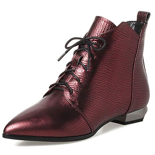 ZYSM Botas Chelsea para Mujer Botines de Encaje Botines Cortos sin Cordones Botines Antideslizantes Martin Botas para Mujeres Zapatos para Damas Talla 34-39,Rojo,36