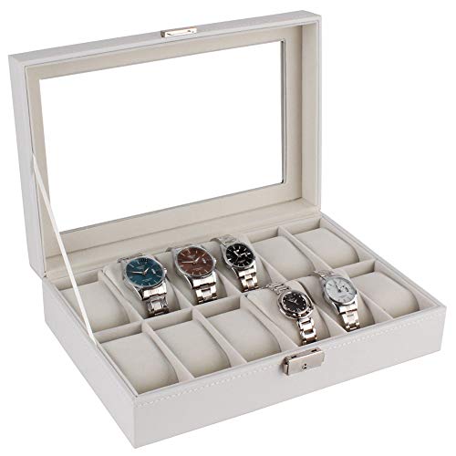 ZzheHou Caja De Reloj Caso Caja De Reloj De 12 Pantalla De Almacenamiento Caja De Pulsera Blanca con Cerradura Bandeja De Imitación Fácil De Limpiar Y Cuidar