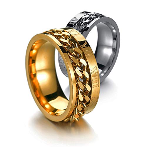 1 O 2 Piezas, Anillo Giratorio Central Acero Inoxidable de Números Romano de 8 Mm, Anillo de Ajuste Fino Cadena Cubana, Accesorios de Presión Reducida con Forma de Engranaje,6-13,Goldsilver,10