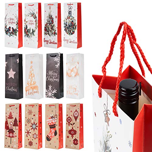 12 Bolsas de Regalo de Vino de Navidad Premium| Diseños Festivos, Elegante, Resistente| Bolsa de Botella de Vino para Fiestas De Navidad, Regalos, Regalar.
