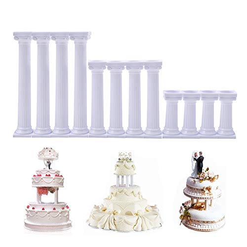 12 Pcs 3 Tamaños Soporte de Pastel de Columna Romana Fondant Pasteles Niveles Separador Soporte Columna de Torta Multicapa de Plástico para Día de San Valentín Cumpleaños Pastel Decoración—Blanco