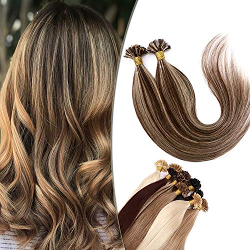 16"(40cm) SEGO Extensiones Queratina Pelo Natural [1 gramo*100 Mechones] #4/27 Castaño Medio/Rubio Oscuro Remy Cabello Humano Liso Balayage Pre Bonded Human Hair (100g)