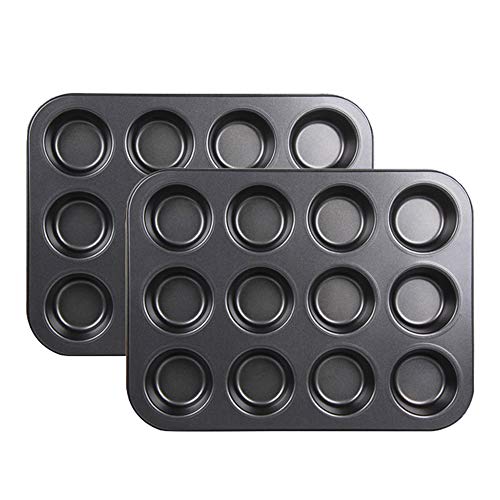 2 moldes para horno con 12 agujeros para cupcakes, de Stonges. Capa antiadherente, para hornear, bandeja de horno cuadrada