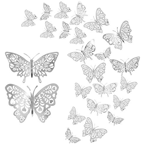 24 pegatinas de pared de mariposa,Pegatinas de pared de mariposas 3D mixtas de Cattleya, para el hogar, dormitorio, decoración de habitación de bebé (plata)