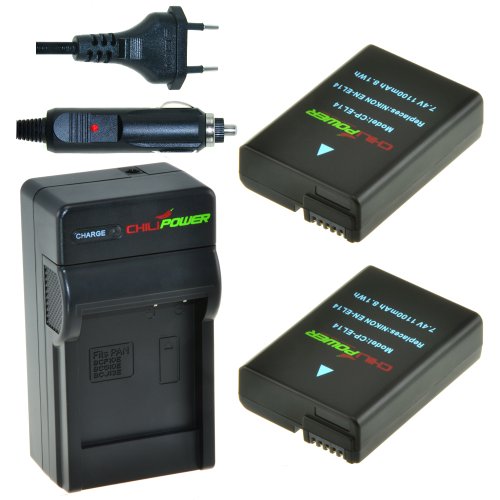 2x Batería + Cargador ChiliPower Nikon EN-EL14, EN-EL14a 1250mAh para Nikon Coolpix P7000, P7100, P7700, P7800, DSLR D3100, D3200, D5100, D5200, D5300, Nikon Df