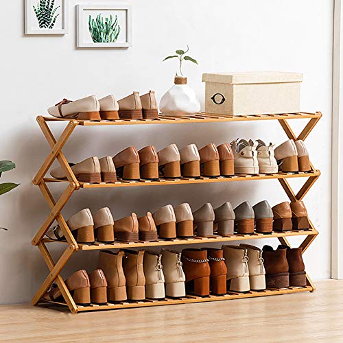 4-nivel Bambú Zapatero,Ahorro De Espacio Plegable Estante De Almacenamiento De Rack De Zapatos,Instalación-gratis Estante Organizador De Botas Para La Entrada,Pasillo,Armario-Color de madera 100x25x57