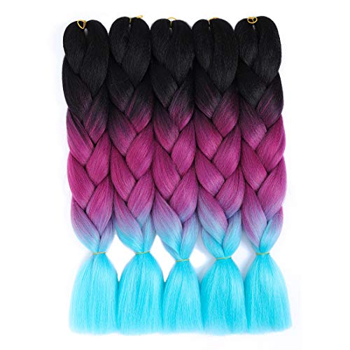 5 burbujas/lote 24 pulgadas Ombre Kanekalon Trenzado de cabello 3 tonos ombre Jumbo Twist Trenzas Extensión de cabello sintético (negro/morado/azul lago)