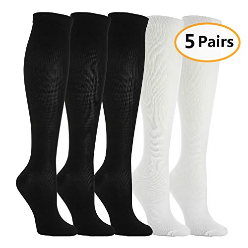 5 Pares Calcetines/Medias de Compresión para Hombres y Mujeres, Running, Deporte, Correr, Senderismo, Volar, Viajar, Varicosas, Embarazo y Médicos (EU 43-46, 3x Negro + 2x Blanco)