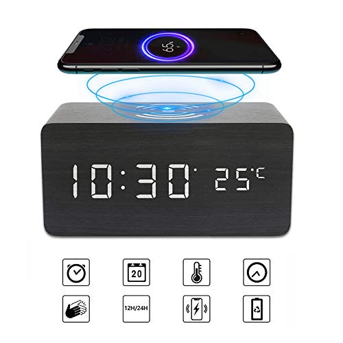 Achort Despertador con Retroiluminación LED Espejo Reloj Digital con Configuración de Alarma, Control por Voz Tiempo Temperatura Cargador Inalámbrico para Teléfono