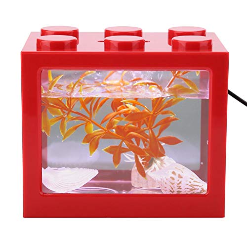 Acuario Tanque de Peces Decorativo Mini Acuario USB LED Lámpara de Luz Tanque de Pescado Lámpara de Escritorio Tanque de Pescado para Caja de Oficina Mesa de Té Decoración(Rojo)