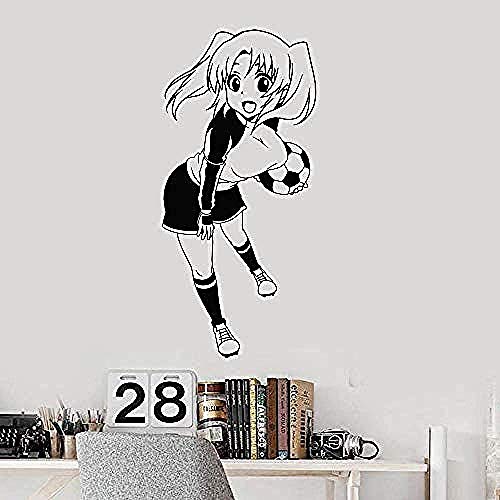 Adhesivo decorativo para pared, diseño de anime Girl con balón de fútbol deportivo, vinilo adhesivo de pared para decoración del hogar, decoración de pared @ Blue_43X92_cm @ 58X27 cm_Black @ Dark_Grey