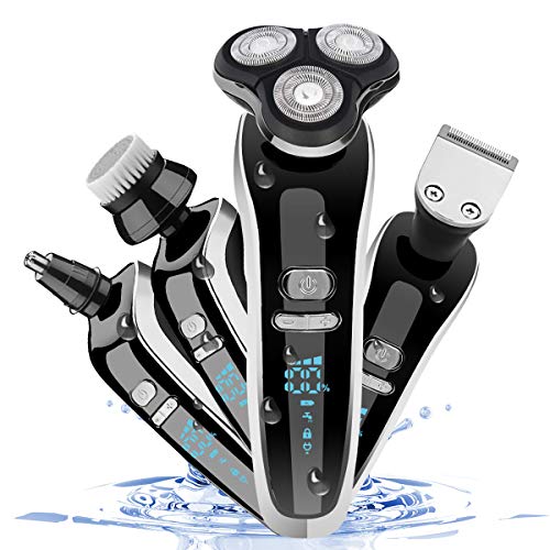 Afeitadora Electrica Hombre, 4 en 1 Máquina de Afeitar Recargable con LED Display Recortadora Barba Nariz Afeitadora Rotativa Impermeable Uso en Húmedo y Seco (S)