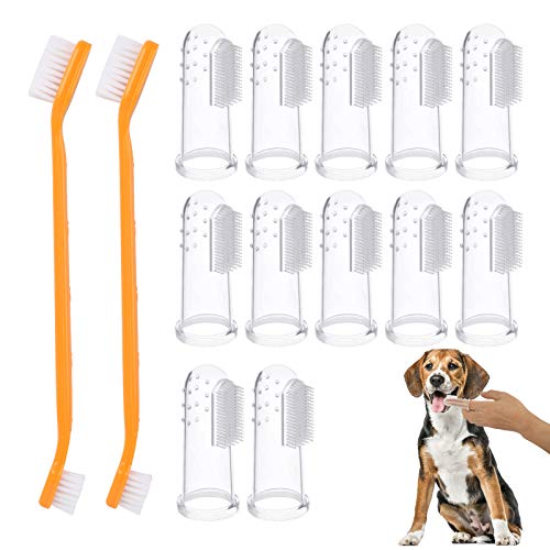 AirSMall 14PCS Cepillo de Dientes para Mascotas Cepillo de Dientes para Perros 12 Cepillo de Dientes de Silicona Suave con 2 Cepillo de Dientes de Mango Largo Cuidado para perros y gatos en Casa