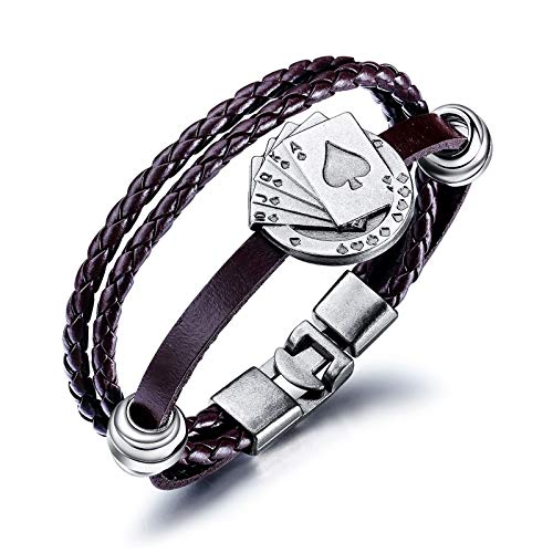 AnazoZ Pulsera Cuero Hombre Trenzada,Pulsera Póker con Multicapas Trenzadas Pulsera de Hombre Marrón Pulsera Longitud 200MM