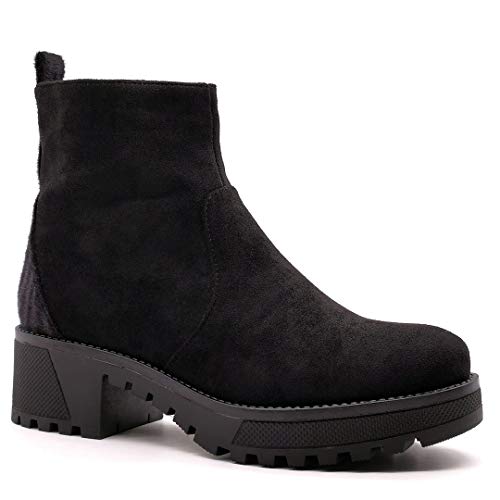 Angkorly - Zapatillas Moda Botines Botas Biker - Moto Rock Chic Tacones pequeños Mujer Estampado Animal Tacón Ancho Alto 5 CM - Negro 520-15 T 37