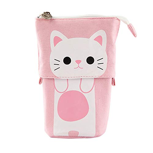 Apofly Lona del Gato Caja de lápiz de la Historieta de Bolsa de la Pluma de pie Titular de la Pluma del Maquillaje Cepillos Cosemetics Organizador del Bolso telescópica portátil 10,5 x 7.5x7.5cm Rosa