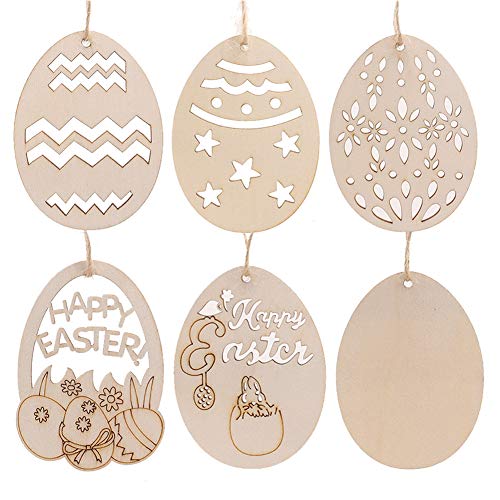 Apofly Madera De Los Huevos De Pascua Creación Artesanal De Madera con Colgantes En Forma De Huevo De Pascua del Partido Casa Decoraciones Talladas a Mano Bricolaje Huevo Colgantes 10 Piezas