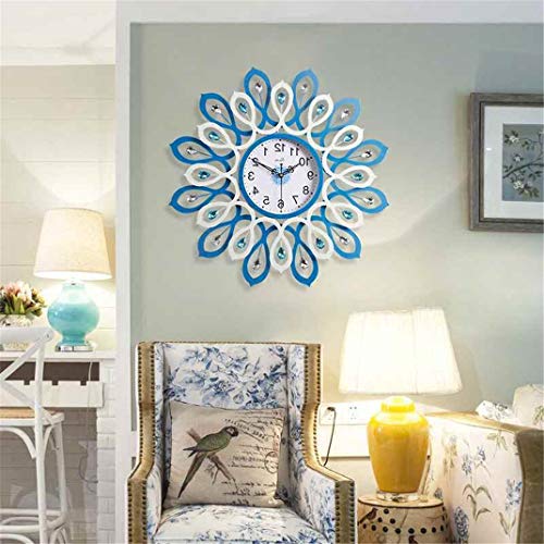 Art Peacock Wall Clock, reloj de cuarzo silencioso de estilo europeo, sala de estar/dormitorio, decoración de pared Craft Industrial, reloj de pared, 60 * 60 cm,Blue