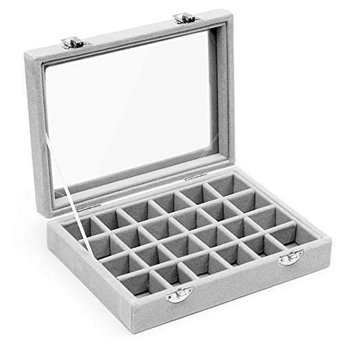 Aweisile 24 Compartimentos Caja Joyero Estuche Organizador de Anillos Bandeja de Joyería Anillo Caja aretes Anillo joyería Caja Bandeja Caja de joyería con Tapa de VidrioTransparente