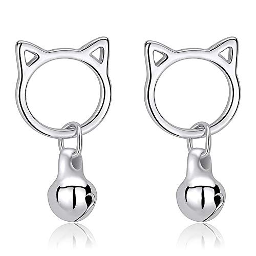 Belons Pendientes de gato para niñas de plata de ley 925 con forma de gato y campana, pendientes de gato y campana, pendientes para niños